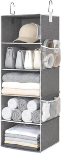 StorageWorks Hanging Closet Organizer, 5-Shelf Hanging Shelves with 2 Hooks, Foldable Space-Saving Design, Closet Organizers and Storage for Bedroom, Dorm, Locker, Gray