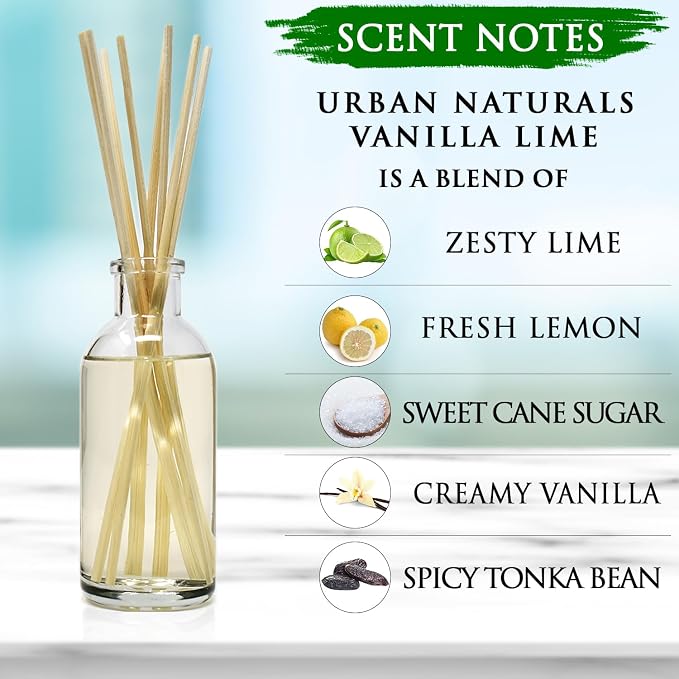 Reed Diffuser Set, Vanilla Lime - Bathroom Shelf Décor | Made with Essential Oils, Zesty Lime, Sweet Cane Sugar, Creamy Vanilla & Tonka Bean, Made in the USA