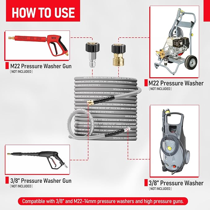 SPECILITE 100FT X 3/8" Pressure Washer Hose for Hot & Cold Max 212℉, 4000 PSI High Durability Steel Braided Layer Power Washer Hoses with 2 M22-14mm QC Adapters, Heavy Duty and Kink Resistant