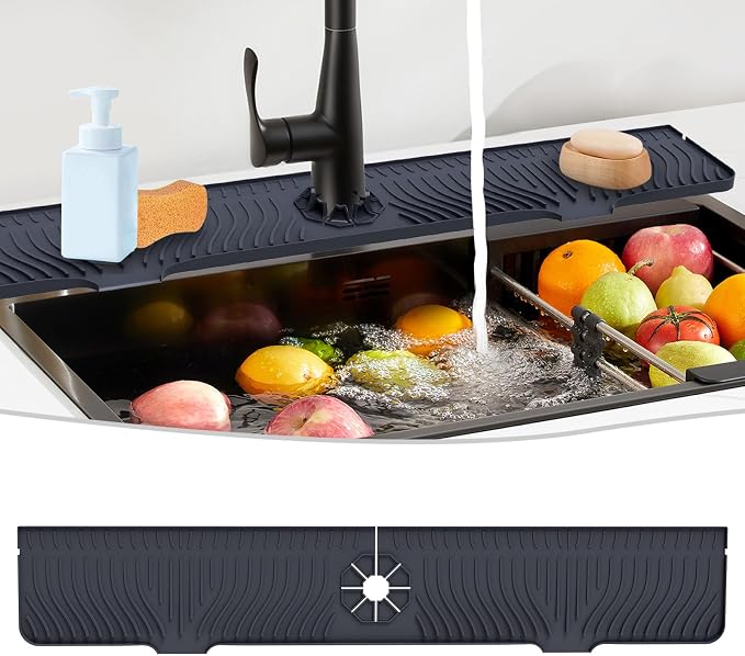 Derlights 33 inch Sink Splash Guard Mat, Silicone Faucet Handle Drip Catcher Tray, Longer Silicone Sink Mat for KitchenBathroom, Drip Protector Splash Countertop (Black)