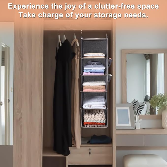 BOOMIBOO Hanging Closet Organize and Shelves，5-Hanging Shelf with 2 Side Pockets，Storage Foldable （Grey） | Dorm Room Essentials, Clothes Organizer with 2 Side Pockets, Hanging Shelves for Closet Storage, Breathable Fabric