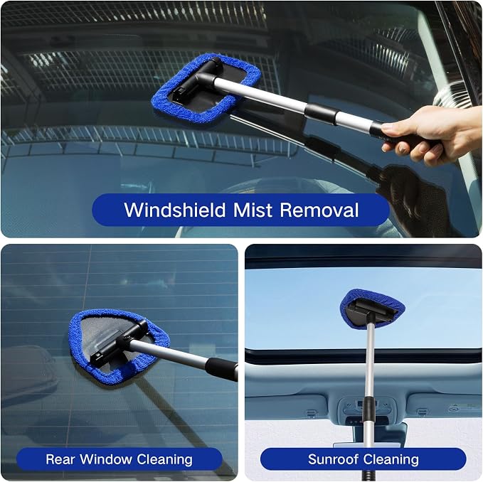 Qydipclin 7pcs Windshield Cleaner Tool Car Window Cleaning Wash Kit with 4 Reusable Microfiber Pads 1 Spray Bottle and Extendable Handle Auto Glass Wiper Kit, Multicolor