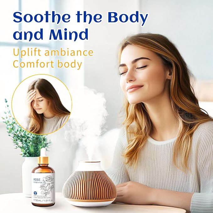 HIQILI Rose Essential Oil for Skin, Diffuser & Hair Care | Premium Glass Dropper Included, Ideal for Aromatherapy, Relaxing Body Massage & Home Fragrance – 30mL / 1.01 fl oz