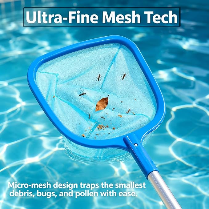 Pool Mesh Skimmer Net with Adjustable Aluminum Pole, Fine Leaf Skimmer for Above Ground & Inground Pools, Hot Tub, Spa & Pond, Pool Cleaner for Leaves, Bugs and Debris Easily Catches Leaves
