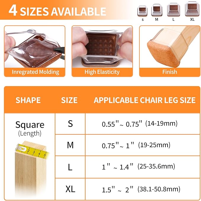 Ezprotekt 24 Pcs Clear Square Chair Leg Floor Protectors with Felt, Silicone Felt Furniture Pads for Hardwood Floor, Dining Table Leg Caps Covers No Scratches and Noise (L Fit: 1" - 1.4")
