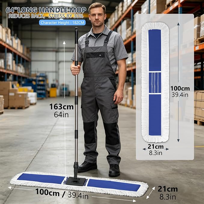 Masthome 39" Commercial Dust Mop with 64" Long Handle, Heavy Duty Wet Dry Floor Mop with 2 Reusable Microfiber Pads, 360° Rotating Industrial Mop for Hardwood Tile Marble Warehouse Gym Office Home