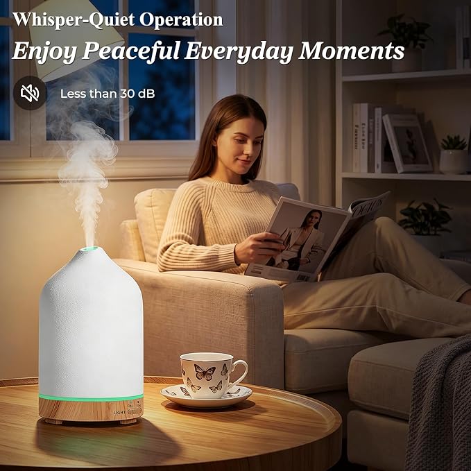 URPOWER 300mL Ceramic Essential Oil Diffuser Aromatherapy Diffuser for Home | Up to 10 Hrs High/Low Mist Settings Quiet Diffuser Humidifiers Ideal for Bedroom Living Room Office Scent Diffusion & Decor