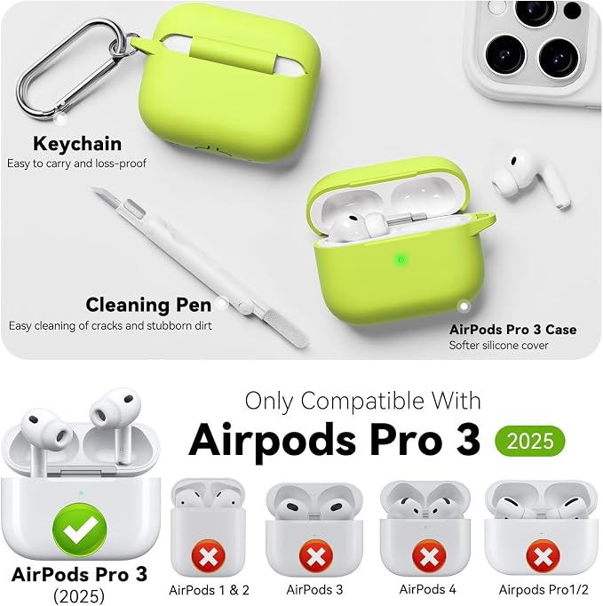for AirPods Pro 3 Case 2025,Come with Cleaner Kit,Fluorescent Green | Silicone Protective Cover for Airpod Pro 3rd Generation Case with Keychain,for Women Men,One-Piece Design,Shockproof