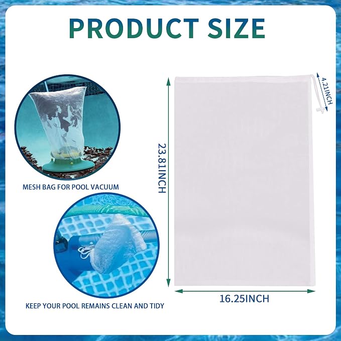 6Pack 24 * 16'' Pool Fine Mesh Filter Bags for Leaf Vacuum Pool Cleaners,Pool Vacuum Net Bag Replacement Bag with Pull & Lock Cord,Universal Fit,Holds Leaves,Debris