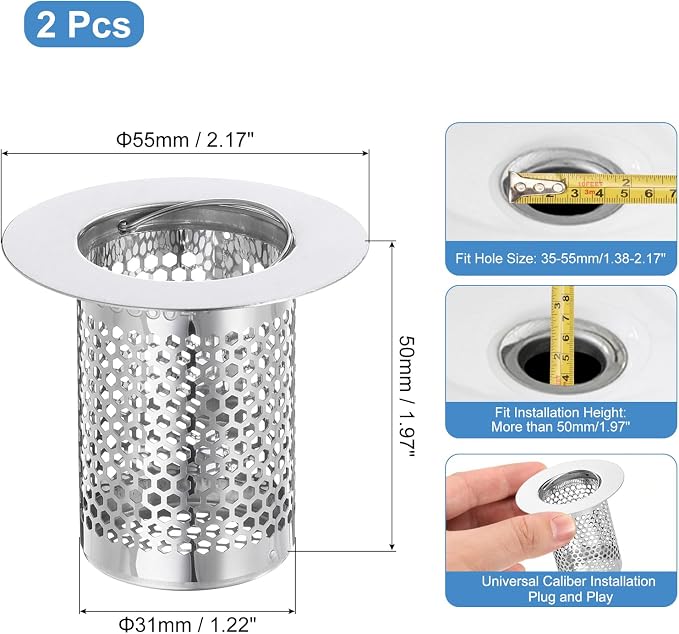 uxcell 2 Pack Shower Drain Strainers, 2" x 2.2" Stainless Steel Floor Drain Strainer Deep Sink Hair Catcher for Kitchen Bathroom Balcony Floor Drain, Fit Hole Size 1.38" to 2.17"