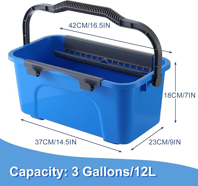 Window Cleaning Kit with Bucket 3 Gallon for Home Outdoor Car | Professional Window Washing Equipment, 14'' Silicone Squeegee, 14'' Microfiber Scrubber, Cloth, Commercial Use