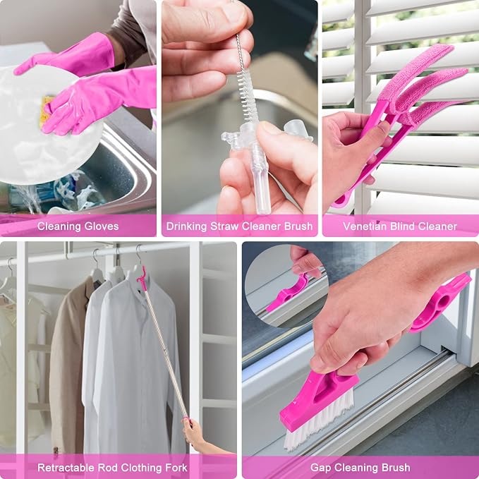 CALBEAU Microfiber Dusters for Cleaning, Dusters with Extension Pole | 15 PCS Feather Duster Kit for Ceiling Fan, Blinds, Cars, Furniture, High Walls; Pink Cleaning Tools, Gift for Women