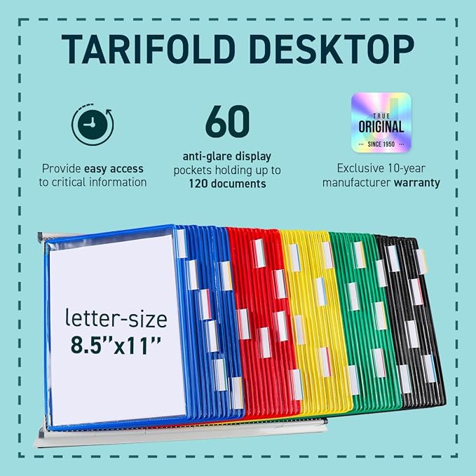 Tarifold Desktop Reference Display System, 60 Pockets, Assorted Colors | 60 double-sided PVC pockets, holds 120 letter-size sheets, sturdy metal base, quick-find indexing, quick and easy to assemble