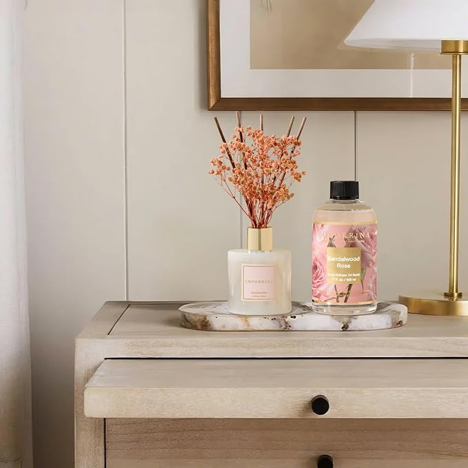 Reed Diffuser Refill Sandalwood Rose 17oz (500ml) with 8 Sticks - Premium Long-Lasting Floral Essential Oil, Home Fragrance for Bedroom, Bathroom Home Decor