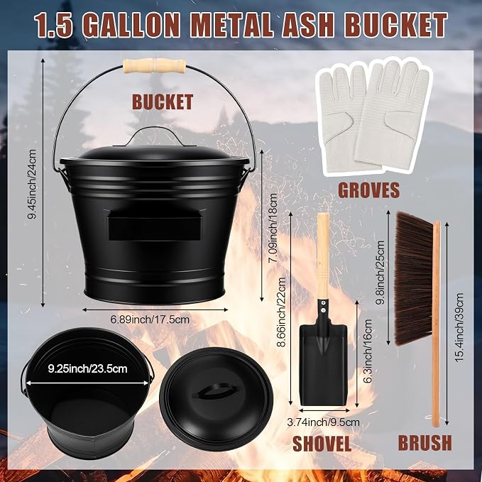 Patelai 7 Pcs Heavy Duty Fireplace Tool with 1.5gl Metal Ash Bucket with Lid Shovel Broom Wood Fire Pit Bellows 32" Long Fire Poker 26" Fireplace Tong, Glove(No Storage)