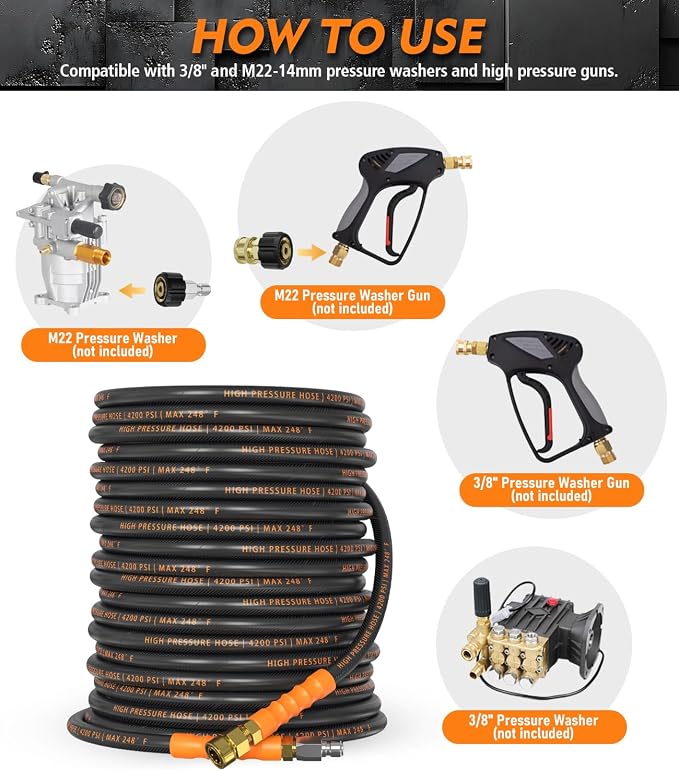 Pressure Washer Hose 50 ft, 4200 PSI Steel-Braided & Durable - Flexible & Kink-Resistant, Power Washer Hose with 3/8" Swivel Quick Connect, Hot/Cold Water Compatible - 50 Foot, Black