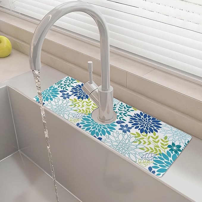15" X 5.5" Kitchen Sink Splash Guard Faucet Mat Floral Super Absorbent Fast Drying Faucet Guard & Draining Mat Sink Splash Guard Behind Faucet for Kitchen, Bathroom