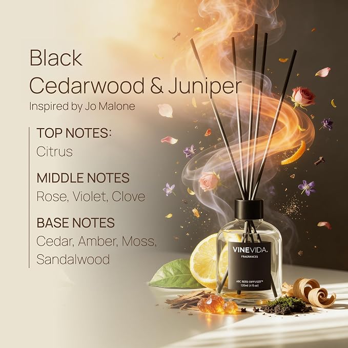 VINEVIDA Reed Diffuser Black Cedarwood & Juniper | Diffuser Reed for Home & Bathroom | Long-Lasting Scent Sticks Set | Oil Stick Diffuser | Bathroom Scent
