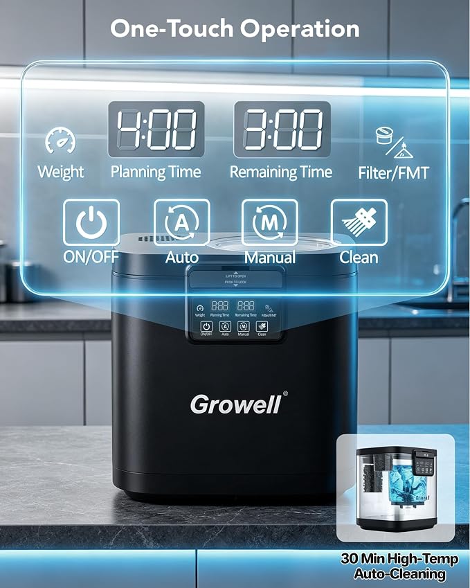 Growell 4L Electric Composter for Kitchen, Countertop, Indoor Compost Bin | Dual Carbon Filter, Auto-Clean, Long-Life Brushless Motor, LED Touch Panel, <40dB, Visible Window, Food Wast Recycler, Black