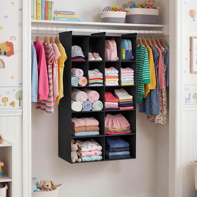 5 Tier Hanging Closet Organizer, 14 Compartments Dual Row Storage, Black | Closet Organizers and Storage with Large & Small Pockets, 3 Sturdy Hooks Support Heavy Loads, Ideal for Dorm, Garment Rack