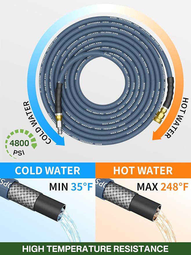 3/8" 4800PSI Pressure Washer Hose 200FT with Swivel Quick Connect for Cold/Hot Water Max 248°F, Kink Resistant Steel Wire Braided, Wear Resistant Power Washer Hose with M22 14mm Adapter