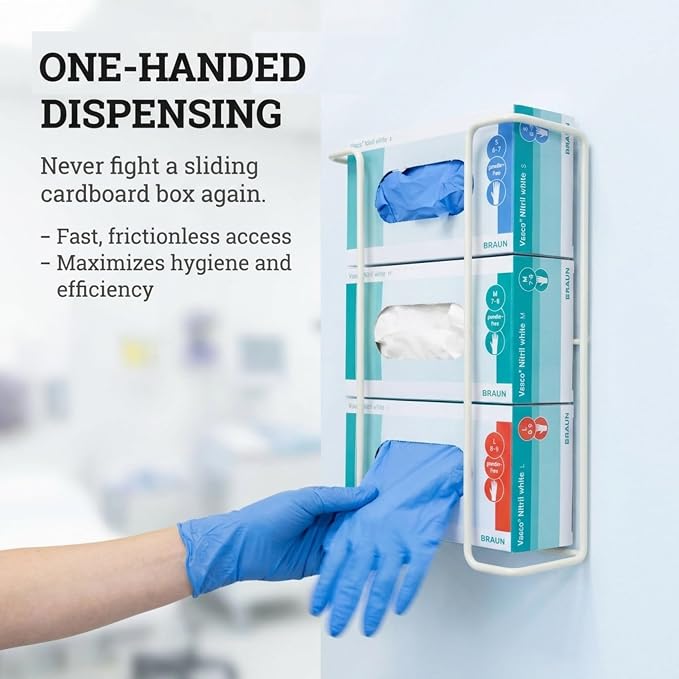 Triple Glove Box Holder for Wall Mount, Metal Dispenser - PERFORMORE | Disposable Glove Dispenser, Holds 3 Boxes, Powder-Coated Wire Rack, Fits Tissue Boxes, Hardware Included, White