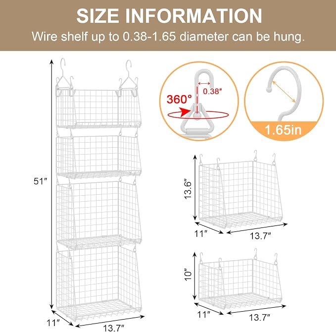 4-Tier Hanging Laundry Room Organizer: Foldable Wire Shelf Basket with 2 Large Hooks 1.65" & 360°Rotating Hooks – Space-Saving Laundry Storage Basket, for Wardrobe Closet Storage, White Patent