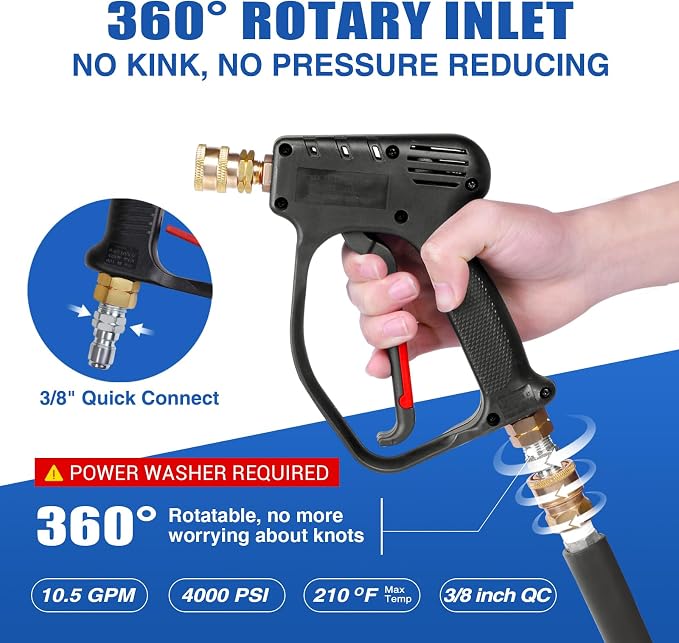 MEKOH Short Pressure Washer Gun, 4000 PSI High Power Washer Spray Gun, 10.5 GPM Foam Gun with 3/8'' Quick Connect, Stubby Pressure Washer Trigger Handle with M22-14mm Adapter for Extension Wand & Hose