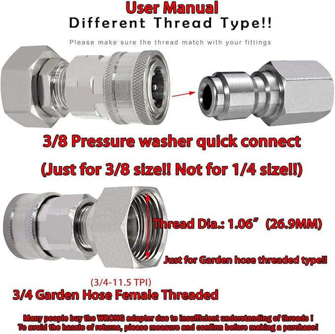 Beduan Stainless Steel 3/4 Garden Hose Female Threaded to 3/8 (!NOT for 1/4!) Pressure Washer Adapter Convert Hose to Power Washer Quick Connector Socket Coupler(3/8 QC)