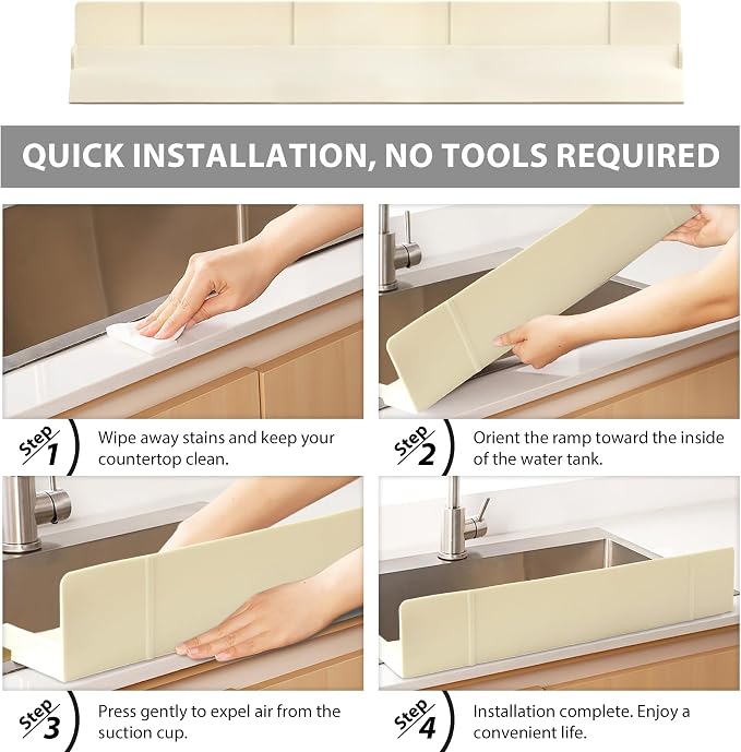Full-Coverage Sink Splash Guard – 27.6 Inch Extra-High Ramp with Super Strong Suction Cups, Silicone Sink Splash Guard with Front-Edge Storage for Kitchen (White, 27.6''x4.7''x2.8'')