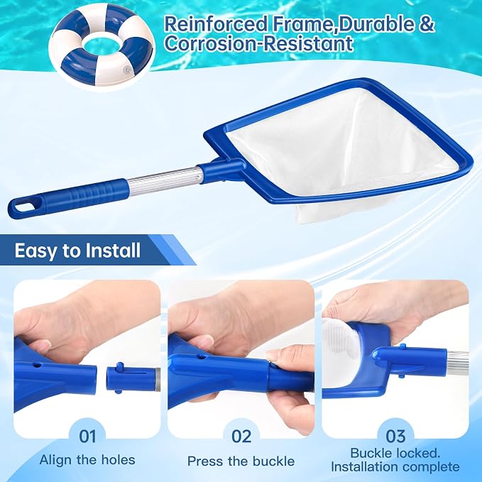 Pool Net, Professional Swimming Pool & Hot Tub Skimmer Net Accessories, Heavy Duty Pool Leaf Rake Cleaning Tool with Pole, Fine Nylon Mesh Bag Easy to Clean Bugs, Debris, Leaves (Blue&White
