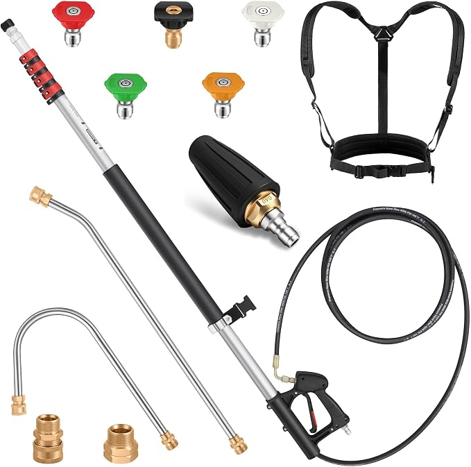 24 FT Telescoping Pressure Washer Wand - Turbo Nozzle Attachment Power Washer Extension Wands with 5 Spray Nozzle Tips, 2 Hose Adapters & Support Belt