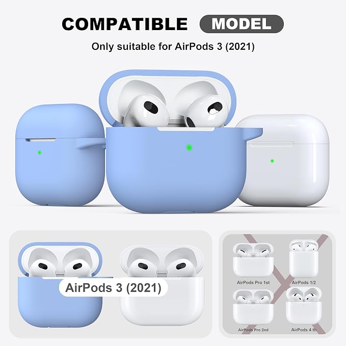 Compatible with AirPods 3 Case Cover, Silicone Protective Accessories Skin with Keychain Compatible with Apple AirPod 3rd Generation 2021 for Women Men Girls Boys,Front LED Visible,Blue Grey