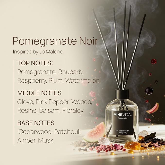 VINEVIDA Reed Diffuser Pomagranate Noir | Diffuser Reed for Home & Bathroom | Long-Lasting Scent Sticks Set | Oil Stick Diffuser | Bathroom Scent
