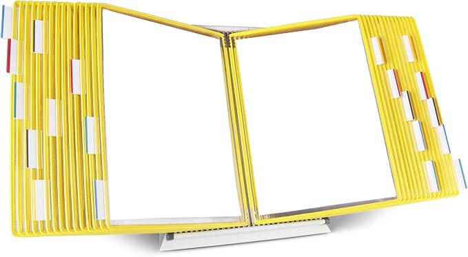 Tarifold Desktop Reference Display System, 40 Pockets, Expandable, Yellow | 40 double-sided PVC pockets, holds 80 letter-size sheets, sturdy metal base, quick-find indexing, quick and easy to assemble