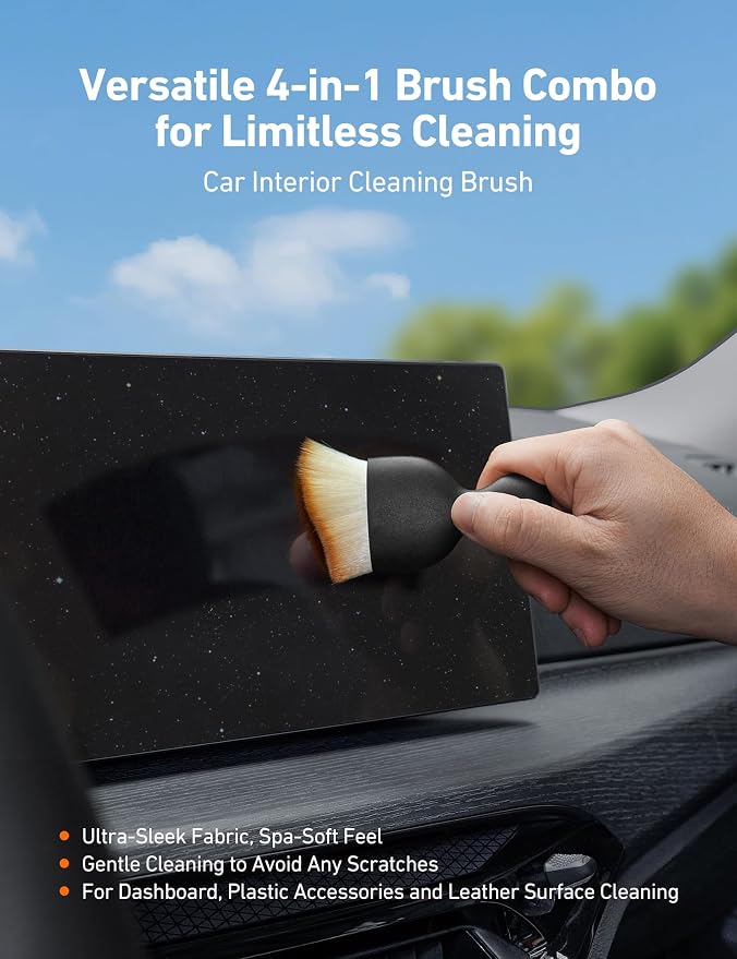 AstroAI 8pcs Windshield Cleaner Tool & Car Interior Detailing Kit | Extendable Handle, 4 Cleaning Brushes, 4 Reusable Microfiber Pads, Scratch-Free for Leather Seats, Blue