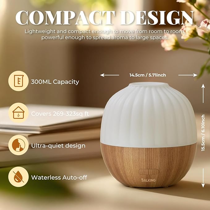 SALKING Essential Oil Diffuser for Home, 300ml Aromatherapy Diffuser Quiet | Ultrasonic Diffusers for Essential Oils, 8 Color LED Lights, Cool Mist Humidifier, Auto Shut-Off, Large Room, Bedroom, Office