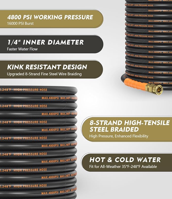 Pressure Washer Gun and Hose Kit, 4800PSI Flexible & Kink-Resistant - Steel Braided & Durable High Power Washer Hose 25 FT with 3/8" Swivel Quick Connector and M22 14mm Adapters & 5 Nozzles