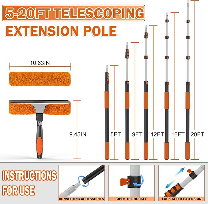 Buyplus 26Ft High Reach Squeegee for Window Cleaning Kit with 5 to 20 Foot Extension Pole, Extendable Window Cleaner Squeegee, Telescopic Window Washing Kit for Indoor/Outdoor High Window