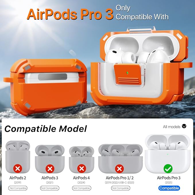 R-FUN for AirPods Pro 3 Case with Lock Magnetic Lid MagSafe, Orange | Compatible Apple AirPods Pro 3, Compatible MagSafe, Protective Case with Cleaner Kit & Carabiner, Powerful Drop Protection