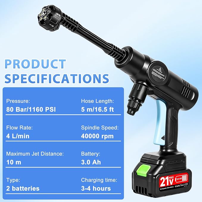 Cordless Portable Washer, Handheld Washer, Battery Operated Washer with 5M Elastic Hose for Car Home with Storage Box 80bar