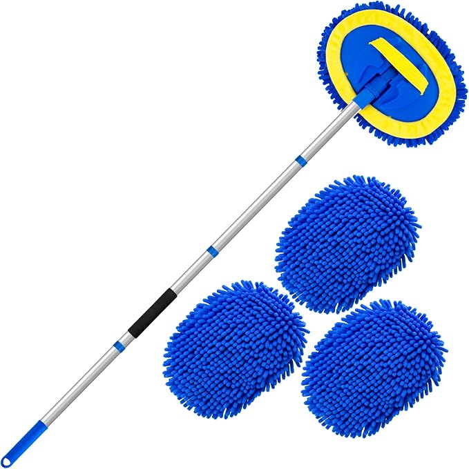 62" Car Wash Brush kit with Long Handle & 3 Scratch-Free Refill Mitt | Chenille Microfiber Car Washing Mop Head, Car Wash Stick, Car Brush Clean Kit, Car Cleaning Supplies for RV Truck Boat, Blue