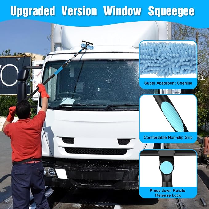 16FT Reach Window Squeegee Kit with Extension Pole, 2-in-1 Professional Washer for High Windows, 3-12FT Adjustable Reach, Rotatable Head for Indoor & Outdoor Use, Streak-Free Cleaning Tool for Home