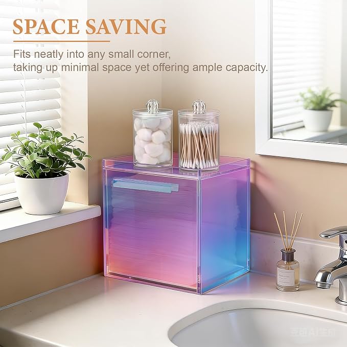 Disposable Face Towels Holder with 2 Pack Qtip Holders, Glossy Rainbow | Acrylic Box Bin Compatible with Clean Skin Club Clean Towelettesl XL Bathroom Counter Storage with Drawer