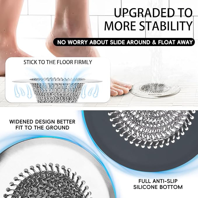 WOKDADA Shower Drain Hair Catcher, 4.4" Anti-Clog Bathtub Drain Cover | Reversible Flip Clean, Anti-Clog Mesh, Fast Drainage, Anti-Slip Base, Rust-Proof, for Bathtub & Shower Drains, Patented