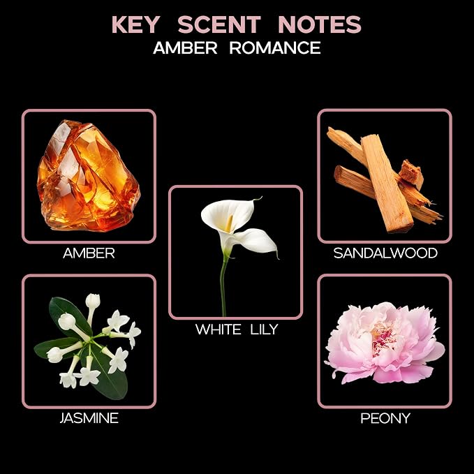 Reed Diffuser Set - Amber Romance Scented Diffuser with Sticks | Home Fragrance Reed Diffuser for Bedroom, Bathroom Shelf Décor, with Real Florals in the Bottle - Made in the USA
