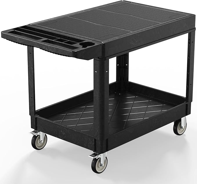 Utility Cart on Wheels, Heavy Duty Large Flat Top Rolling Service Cart, 46 x 25 Inch Work Carts, 2 Shelf 1000 lbs Capacity Plastic Tool Cart, for Warehouse, Garage, Cleaning, Black