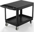Utility Cart on Wheels, Heavy Duty Large Flat Top Rolling Service Cart, 46 x 25 Inch Work Carts, 2 Shelf 1000 lbs Capacity Plastic Tool Cart, for Warehouse, Garage, Cleaning, Black