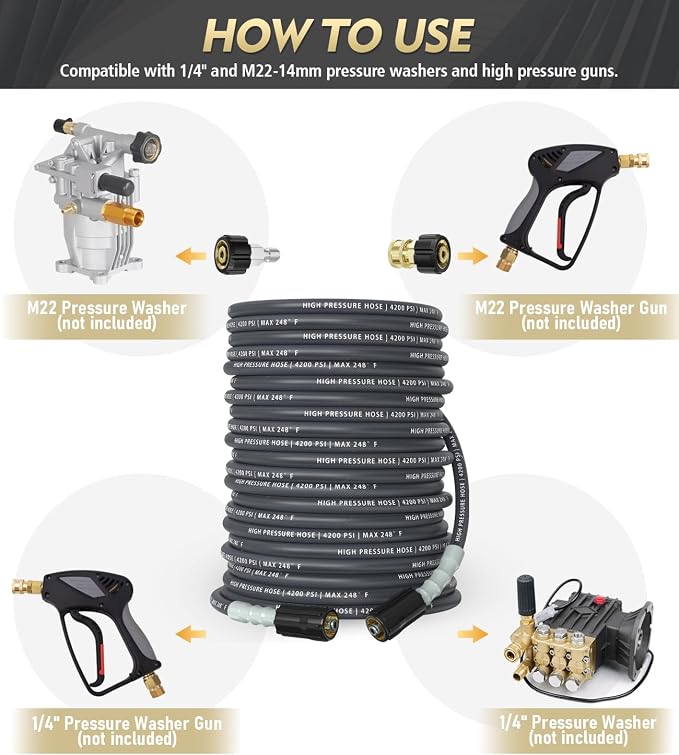 Pressure Washer Hose 200 ft, 4200 PSI Flexible & Kink-Resistant, Steel-Braided & Durable, High Power Washer Hose with M22-14mm Stainless Steel Plug, Hot/Cold Water Compatible - 100 Foot, Gray