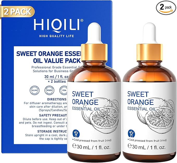 HIQILI Sweet Orange Essential Oil Set for Diffusers & Skin Care | Citrus Scent for Air Freshening, DIY Cleaning Spray & Candle, Holiday Favors for Family & Friends Use-1 fl oz (2 pack)
